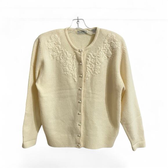 Carriage Court Vintage Sweater Cardigan Women Size Medium 10/12 Cream 80s - Picture 1 of 9